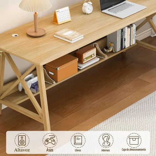 Vista 3 de NELYE Escritorio Extra Largo con Estantería - Mesa de Trabajo de Estudio de Oficina en Casa de Madera, Estación de Trabajo de Computadora de Roble