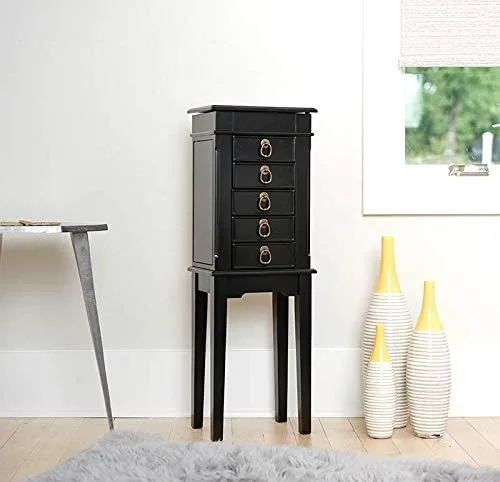 Vista 3 de Hives and Honey Kennedy Jewelry Armoire - Moderno organizador de almacenamiento de madera con ganchos para collares, 5 cajones y espejo de tocador