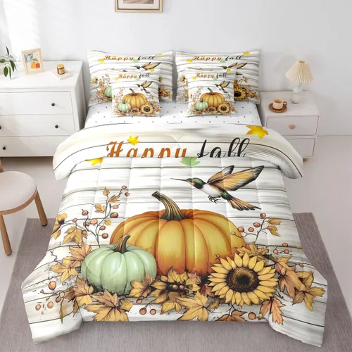 Vista 9 de Feelyou Fall Pumpkin Comforter Set with Sheets 7 Piece Twin Size Autumn Bed in a Bag Kids Boys Girls Pumpkin Maple Leaf Bedding Set Hummingbird Beig
