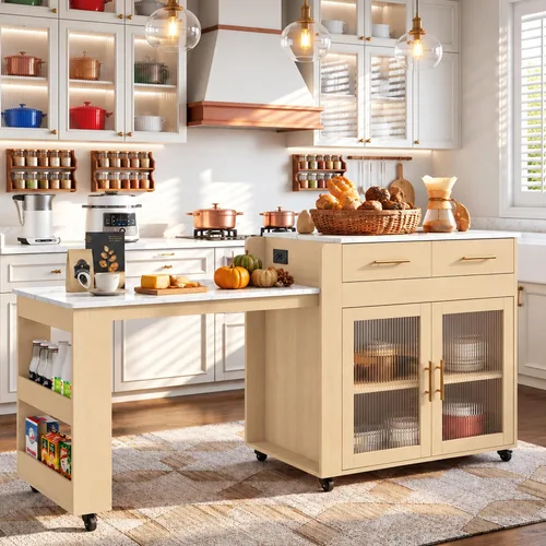 Vista 8 de HLR Isla de cocina extensible de 72 pulgadas con almacenamiento, mesa de isla con ruedas con encimera de grano de mármol y toma de corriente Marrón