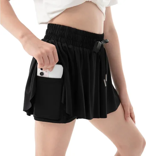 Vista 2 de PUPIU Pantalones cortos atléticos fluidos para niñas, pantalones cortos deportivos de mariposa, pantalones cortos de verano, ropa de preparación