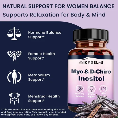 Vista 2 de Suplemento de mio-inositol y D-chiro inositol para mujeres, equilibrio hormonal y apoyo a la salud femenina, proporción ideal de 40:1 por porción