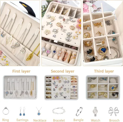 Vista 3 de KOOAAICCHI Joyero pequeño, organizador de joyas de viaje, cajas de joyería portátiles para mujeres y niñas, regalo de doble capa, soporte de joyería
