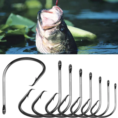Vista 5 de Ganchos circulares de pesca de acero de alto carbono compensados para bagre, anzuelos de pesca para trucha lubina, agua dulce y salada