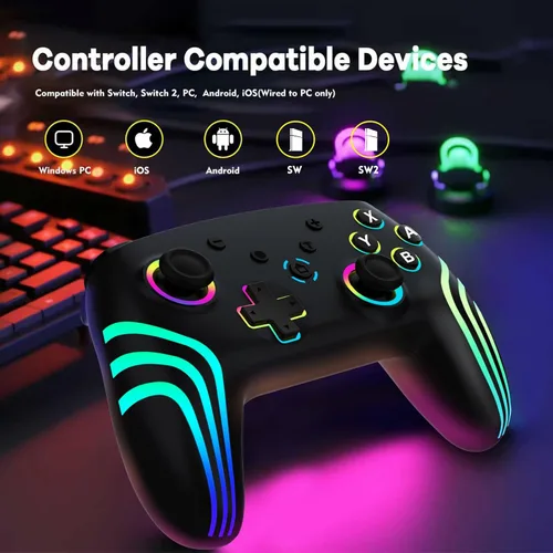 Vista 8 de MYSTILUCK Wireless Pro Controller for Switch/Switch 2/Lite/OLED/PC, Gamepad with 7 Color-Changing RGB Lighting/Dual Vibration/6-Axis