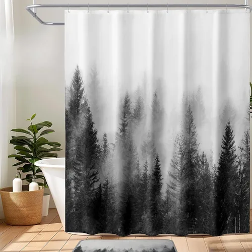 Vista 10 de ORTIGIA 36x72 Cortina de ducha de bosque nebuloso para baño pequeño, cortina de ducha estrecha de naturaleza y bosque en blanco y negro con ganchos