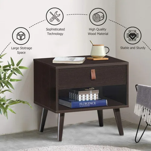 Vista 3 de Mesa auxiliar multifunción estilo mediados de siglo, mesa auxiliar para sofá, mesita de noche con estante de cajón, resistente y duradera