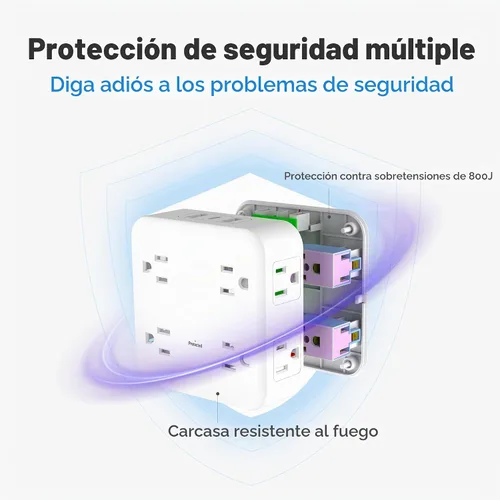 Vista 6 de BN-LINK Extensor de toma de corriente múltiple con 8 tomas, 3 puertos USB (1 USB C), protector de sobretensiones de 800 julios, divisor de enchufe