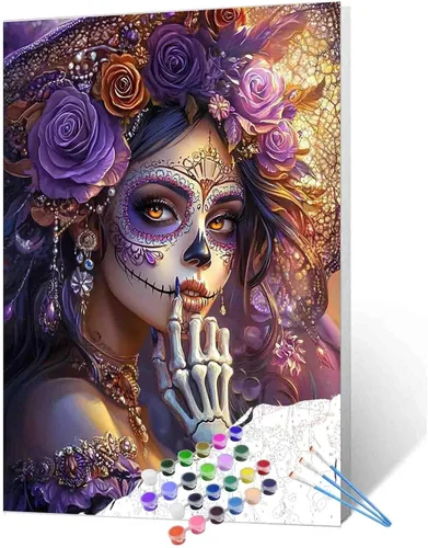 Vista 12 de Tucocoo Decoración del Día de los Muertos, pintura por números, esqueleto para parejas, pintura por números sobre lienzo con pinceles y pigmento
