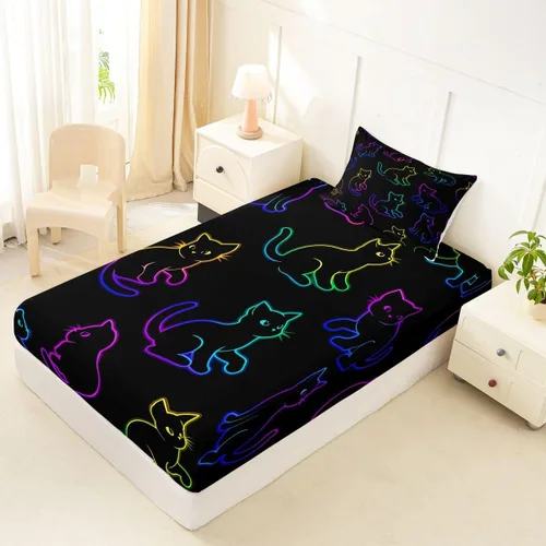 Vista 8 de Feelyou Cat Bed Sheets Set Twin Size Halloween Themed Bed Set Trick or Treat Deep Pocket Fitted Sheet Scaredy Cat Breathable Soft Lightweight