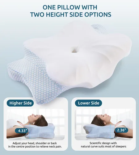 Vista 5 de Almohada cervical de espuma viscoelástica para cuello y hombros, almohada cervical de contorno ergonómico para dormir con 2 alturas, almohadas