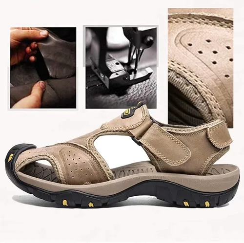 Vista 4 de VISIONREAST Sandalias de cuero para hombre, sandalias de senderismo al aire libre, impermeables, atléticas, zapatos de playa de pescador, sandalias