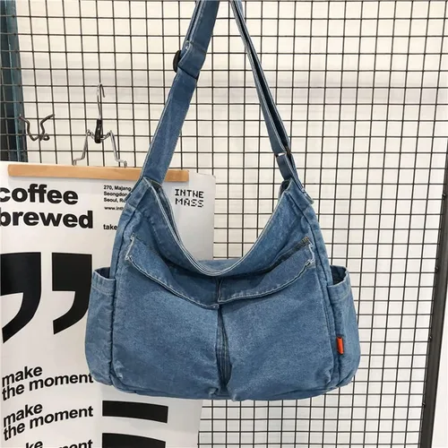 Vista 2 de Bolso de hombro de mezclilla de lona para mujeres y hombres, bolso de mano casual, retro, estético, bolso cruzado
