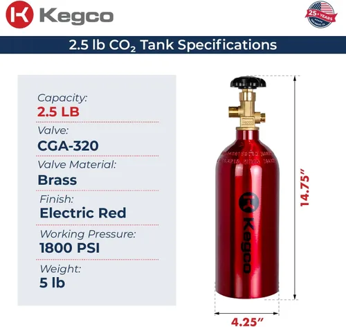Vista 2 de Kegco ZXB2.5-R Cilindro de Co2, 2.5 libras, rojo