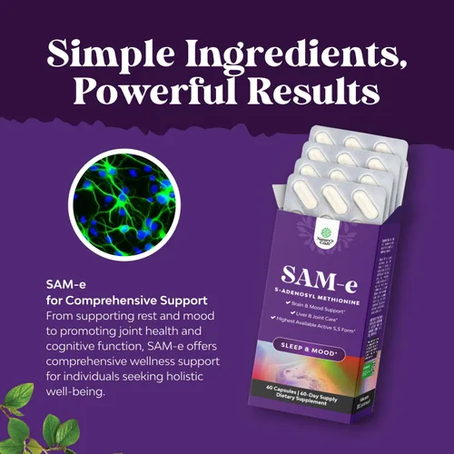Vista 4 de Sam-E - Suplemento de apoyo al estado de ánimo de 200 mg - S-adenosil metionina Sam-E Suplemento para relajación natural para estimular el estado