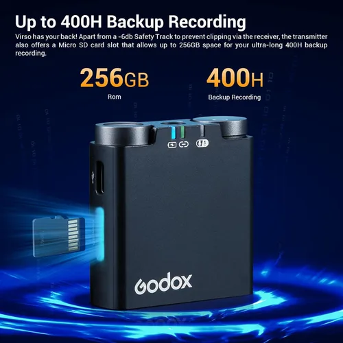 Vista 4 de GODOX Virso S M2 Micrófono inalámbrico para Sony, micrófono de solapa inalámbrico con cancelación de ruido de 2.4 GHz, rango de 656 pies, batería