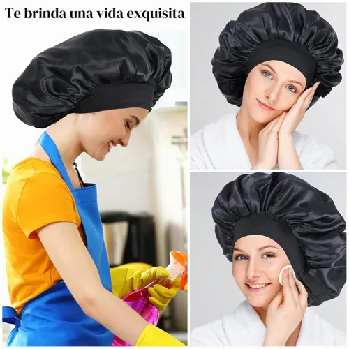 Vista 6 de Gorro de seda para dormir, gorro de satén de doble capa, ajustable, para mujeres negras, gorro de dormir reversible para sombreros de cabello rizado