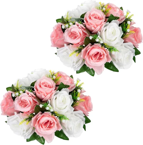 Vista 9 de Briful Bolas de flores artificiales para centros de mesa, 2 piezas de 8.6 pulgadas, arreglo floral de rosas de seda con base de plástico, ramo Azul
