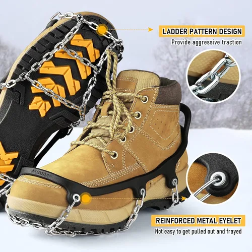 Vista 4 de Tacos de hielo para zapatos y botas, tacos de tracción para hombres y mujeres, cadenas para botas, crampones para antideslizantes, palas al aire