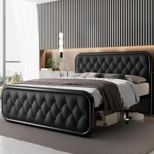 Vista 3 de Feonase Marco de cama tamaño completo, marco de cama resistente con cabecera de piel sintética, cama de plataforma tapizada con listones de metal