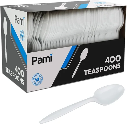 Vista 6 de PAMI Tenedores de plástico desechables de peso medio, color blanco, paquete a granel para fiestas, 400