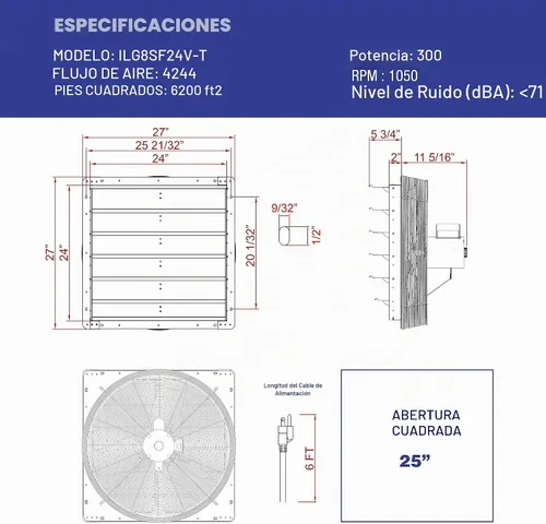 Vista 5 de iLIVING ILG8SF24V-T ventilador de obturador de 24 pulgadas para ático, garaje, cultivo, ventilación con termostato de 2 velocidades, cable de 6 pies