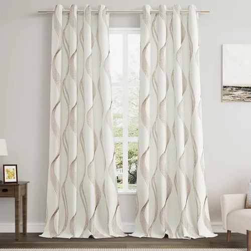 Vista 19 de Joywell Cortinas jacquard con ojales para sala de estar, 108 pulgadas de largo, línea ondulada negra con patrón de puntos, cortinas bordadas