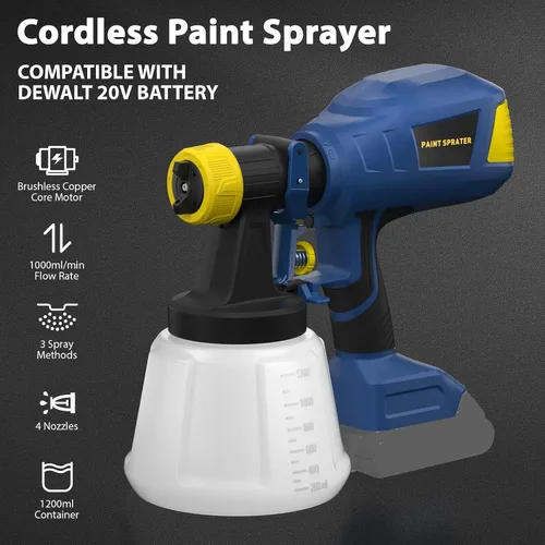 Vista 5 de Pulverizador de pintura sin escobillas inalámbrico para batería Dewalt 20V, 4 boquillas, viscosidad de 150 Din/s, tasa de flujo de 1000 ml/min
