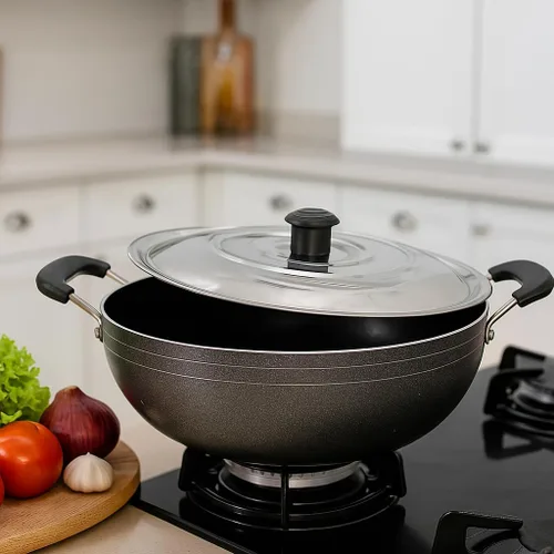 Vista 5 de DBY Kadai antiadherente con tapa de acero inoxidable de 2 litros de sartén profunda antiadherente Kadhai indio para curry, freír y salsa de gas