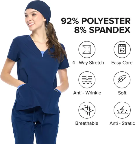 Vista 5 de Dagacci Medical Uniform Conjunto de ropa quirúrgica para mujer en 4 direcciones, red de contraste dividido y bolsillo