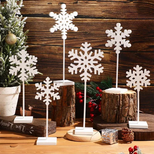 Vista 7 de Sawysine 6 piezas Centro de mesa de copo de nieve de madera de Navidad, decoración de centro de mesa de copo de nieve, bloque alto de pie