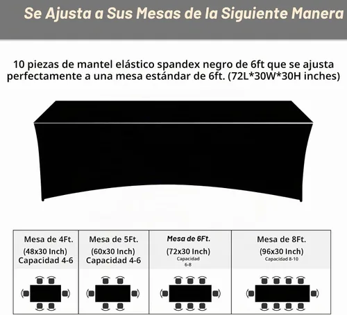 Vista 3 de Fixwal Mantel Negro de 6 Pies para Mesas Rectangulares, Paquete de 10 Manteles de Spandex para Mesas Rectangulares de 6 Pies, Ajustado Rectangular