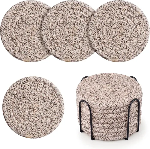 Vista 7 de Posavasos tejidos de algodón con soporte, juego de 8 posavasos absorbentes para protección de mesa, decoración del hogar, gafas, tazas, bar, regalo