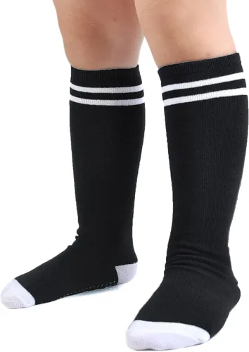 Vista 4 de EPEIUS Calcetines altos hasta la rodilla con agarre antideslizante Toddller Athletic Stripe Team Tube Calcetines para niños y niñas, paquete de 5