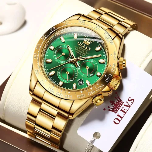Vista 2 de OLEVS Relojes de oro automáticos para hombres, de lujo, clásicos, de acero inoxidable, calendario, luminosos, impermeables, para hombres