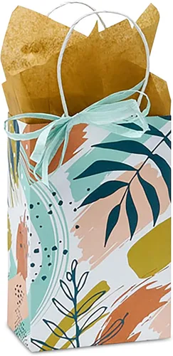 Vista 4 de HOME & HOOPLA Bolsas de regalo de papel con estampado de hojas bohemias y bolsas para recuerdos de fiesta, pequeñas de 5.25 x 3.5 x 8.25 pulgadas