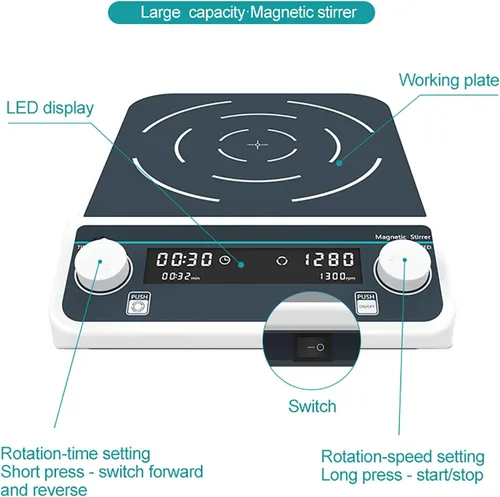 Vista 5 de Agitador magnético de laboratorio, agitador de pantalla digital LED, gran capacidad 10-50 L, fuerte fuerza magnética + hacia adelante y hacia atrás