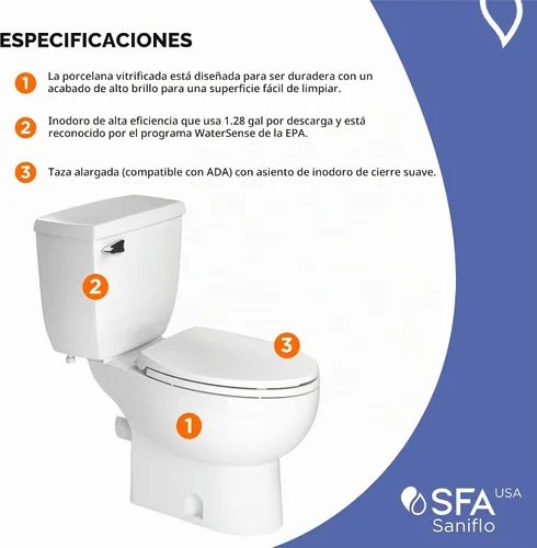Vista 6 de SANIFLO Sanibest Pro + Toilet Bowl alargado + paquete de tanque de inodoro - Residencial - Blanco