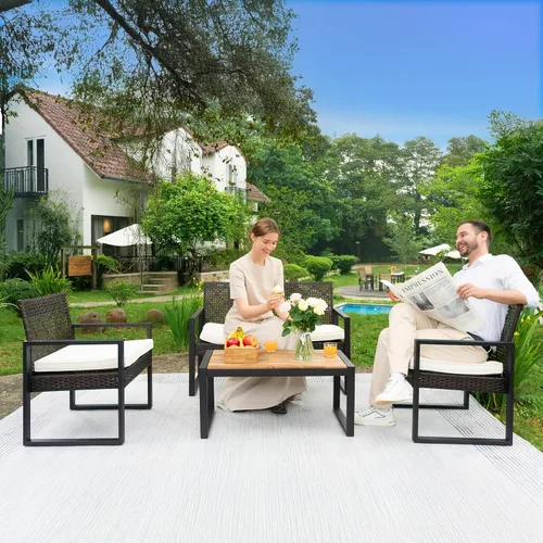 Vista 2 de BEEFURNI Juego de 4 muebles de mimbre para patio al aire libre, color negro