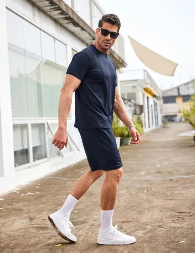 Vista 4 de COOFANDY Conjunto corto de 2 piezas para hombre, camiseta de manga corta y pantalones cortos, conjunto deportivo casual deportivo
