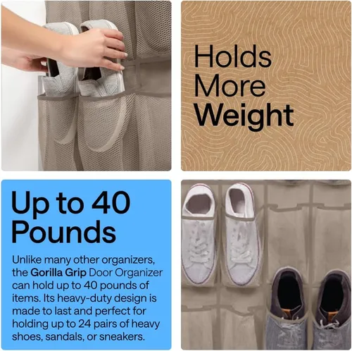 Vista 3 de Gorilla Grip - Zapatero para colgar en la puerta, 24 bolsillos de malla para sostener hasta 40 libras, organizador para parte trasera del armario