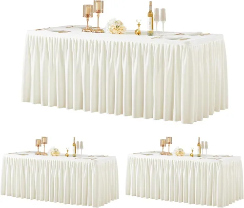 Vista 39 de Manteles de poliéster negro para mesas rectangulares de 4 pies, cubierta de mesa ajustada sin arrugas con falda de mesa plisada con volantes