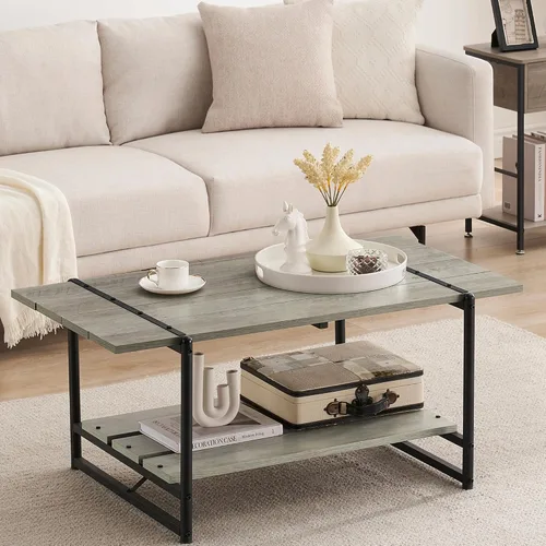 Vista 8 de Mesa auxiliar para sala de estar, mesas de sala de estar de 2 niveles, mesa de centro moderna para sala de estar, mesa de centro de madera