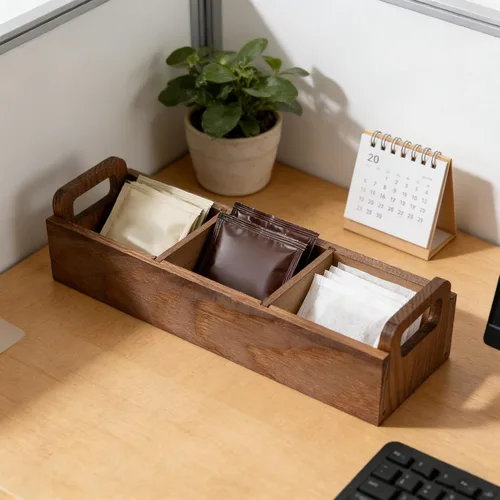 Vista 3 de Wooden Tea Bag Organizer, 3 Compartment Storage Box, Dual Handle Storage Box with Compartment Design, Ideal for Coffee, Sugar, Countertop, Office &
