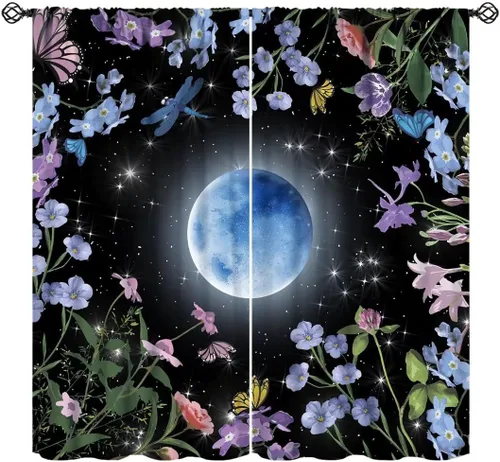 Vista 23 de Cortinas retro de luna, bosque mágico con hojas iluminadas por la luna, cortinas de plantas, diseño gótico floral de cielo estrellado para ventana
