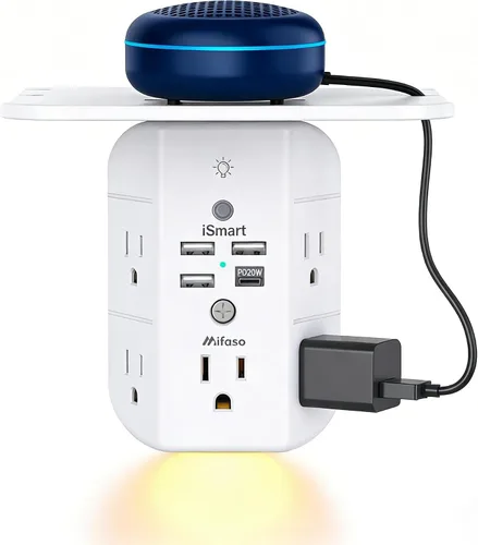 Vista 9 de Extensor de toma de pared con estante y luz nocturna, protector de sobretensiones, cargador de pared USB con 5 salidas de CA y 3 puertos USB A, 1