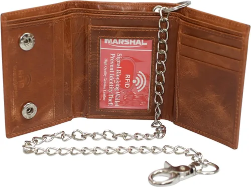 Vista 23 de Billetera para hombre con bloqueo RFID, de cuero vintage, estilo motorista, de triple pliegue, con cierre de presión y cadena de bicicleta 51S Marrón