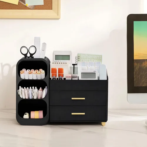 Vista 3 de HBlife Organizador de escritorio con soporte para lápices para escritorio, organizador de bolígrafos con 2 cajones, organizadores de escritorio
