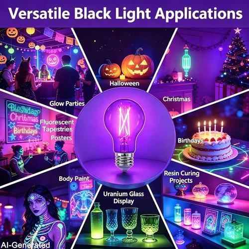 Vista 5 de TITO Paquete de 8 bombillas LED negras de filamento regulable E26 A19, UVA 395 nm, 6 W, equivalente a 100 W, bombilla negra que brilla