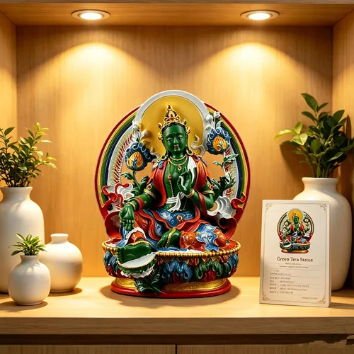 Vista 4 de Green Tara Buddha,Figura budista pequeña tántrica,Mango de resina hecho a mano plateado figura tibetana